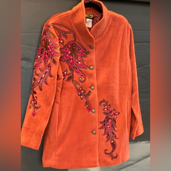 NWT BOB MACKIE WEARABLE ART Burnt Orange Fleece Embroidered Jacket/Cardigan Sz M - Picture 4 of 9